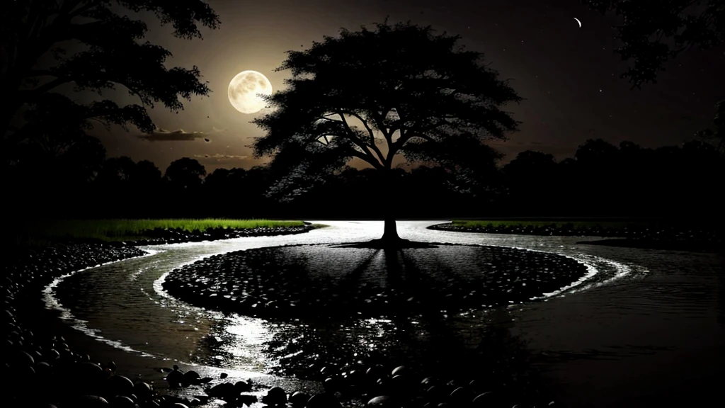 A stream Full flow of water, a big star fruit tree near the stream, night full moon dark and blacky sky, horror dark, full hd,
