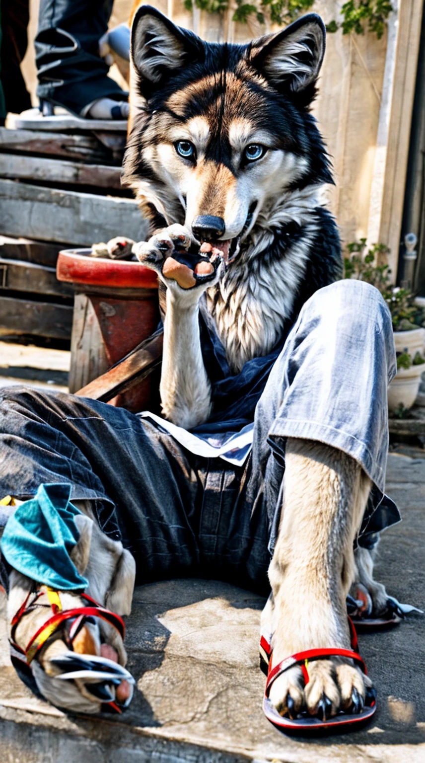 Sitting on the extremely hot street licking paws,Wearing cotton clothes and trousers,Chest gemstones,Skinny girl(10 years old),Wolf,off white,Perfect fingers,Feet are clawed and wear black plastic sandals,Detailed and true,High Detail,high quality,High-resolution photos,Real and perfect eyes,Detailed paw,True and delicate skin,Claws,clear visual artwork,Five finger hand,Top quality,32k,Ultra high quality,Hot weather,Hot expression,real picture,Close-up of the paws,Paw pads