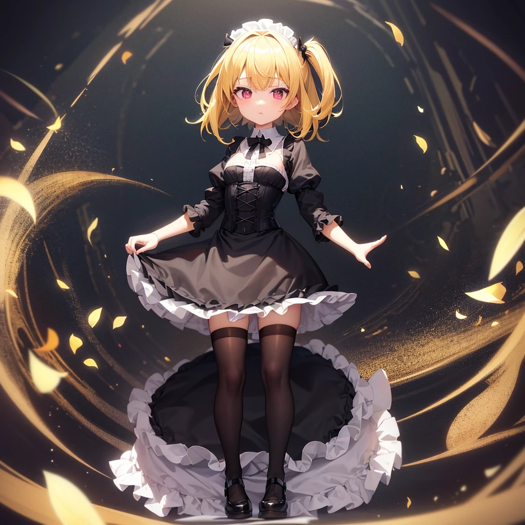 ((Maid)),Frills,corset,Cute little loli,Tiny Lori,Small girl,,Childish face, Very fine clean face,Top quality, Big eyes,Straight Hair,Yellow hair,Crimson Eye,(Dark Room), Subtle light, Natural light,Soft lighting,Light from directly behind, (Are standing), Cute pose, (Open your hands), Showing the whole body,Front view,Black background