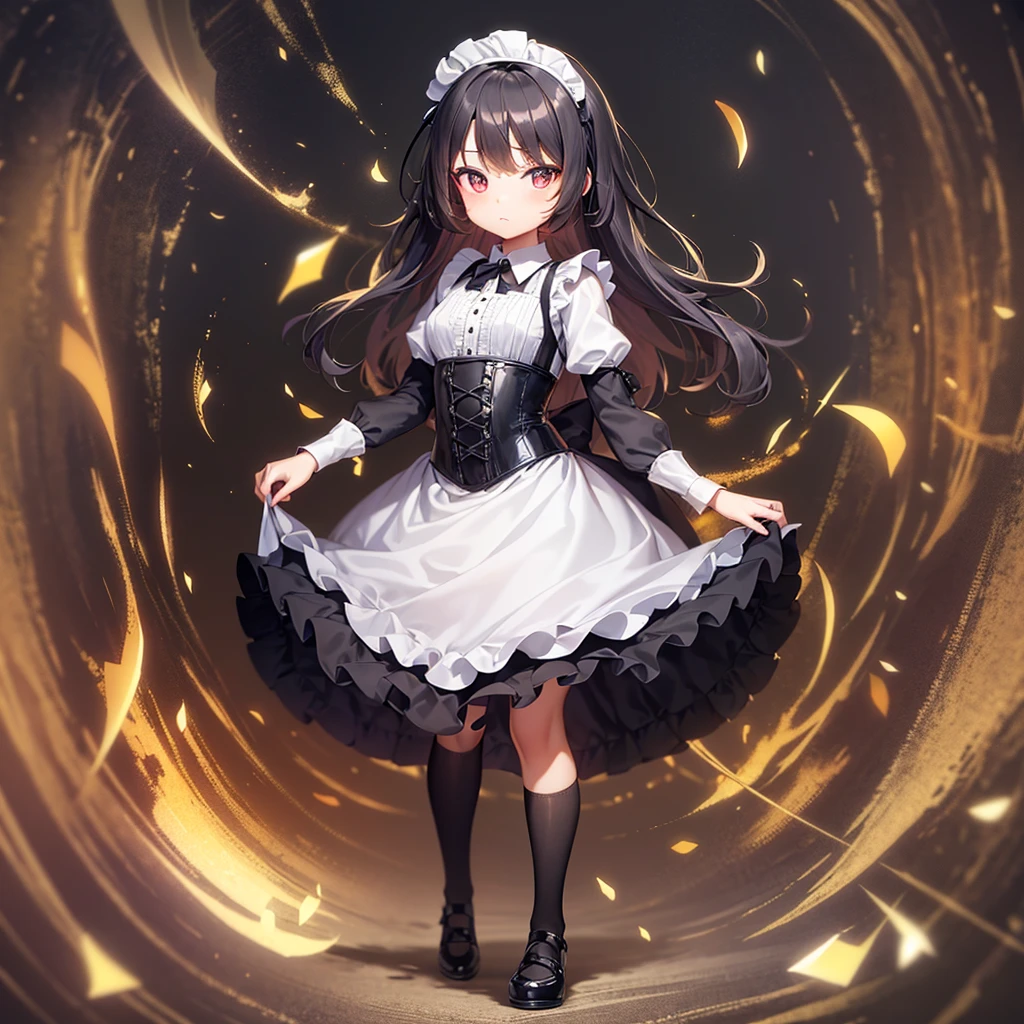 ((Maid)),Frills,corset,Cute little loli,Tiny Lori,Small girl,,Childish face, Very fine clean face,Top quality, Big eyes,Straight Hair,Yellow hair,Crimson Eye,(Dark Room), Subtle light, Natural light,Soft lighting,Light from directly behind, (Are standing), Cute pose, (Open your hands), Showing the whole body,Front view,Black background