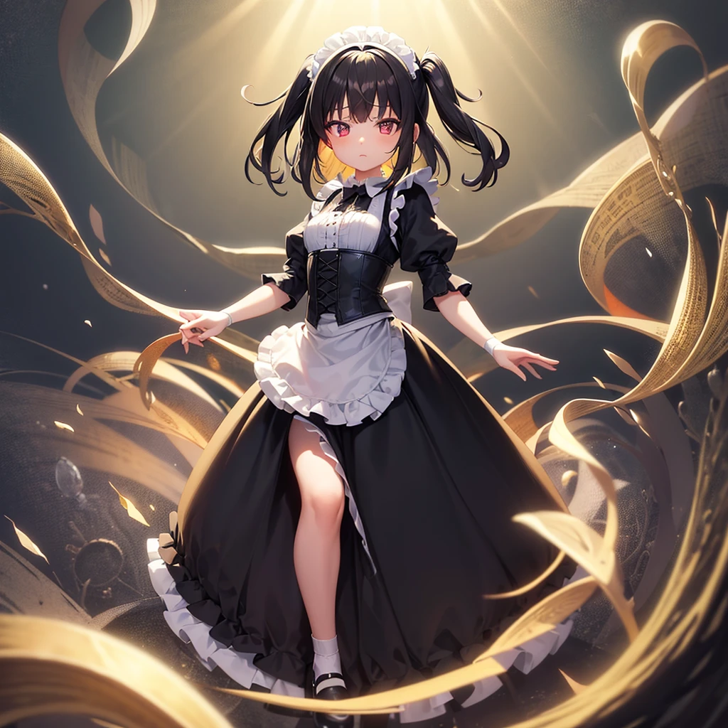 ((Maid)),Frills,corset,Cute little loli,Tiny Lori,Small girl,,Childish face, Very fine clean face,Top quality, Big eyes,Straight Hair,Yellow hair,Crimson Eye,(Dark Room), Subtle light, Natural light,Soft lighting,Light from directly behind, (Are standing), Cute pose, (Open your hands), Showing the whole body,Front view,Black background