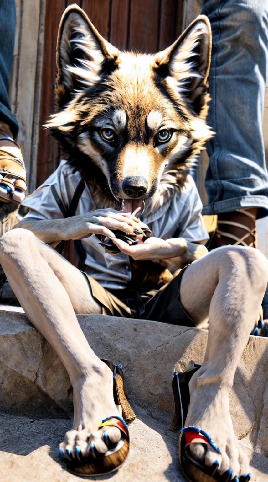 Sitting on the extremely hot street licking paws，Wearing cotton clothes and trousers，Chest gemstones，Skinny girl（），Wolf，off white，Perfect fingers，Feet are clawed and wear black plastic sandals，Detailed and true，High Detail，high quality，High-resolution photos，Real and perfect eyes，Detailed paw，True and delicate skin，Claws，clear visual artwork，Five finger hand，Top quality，32k，Ultra high quality，Hot weather，Hot expression，real picture，Close-up of the paws，Paw pads