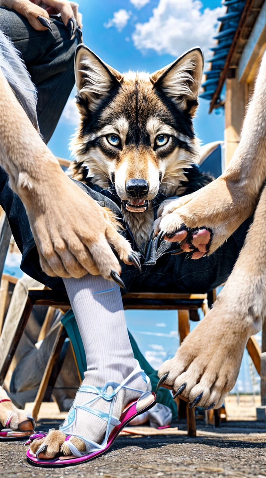 Sitting on the extremely hot street licking paws，Wearing cotton clothes and trousers，Chest gemstones，Skinny girl（10 years old），Wolf，off white，Perfect fingers，Feet are clawed and wear black plastic sandals，Detailed and true，High Detail，high quality，High-resolution photos，Real and perfect eyes，Detailed paw，True and delicate skin，Claws，clear visual artwork，Five finger hand，Top quality，32k，Ultra high quality，Hot weather，Hot expression，real picture，Close-up of the paws，Paw pads