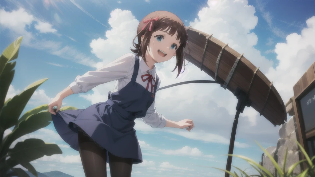 (((Pixel Perfect, Perfect in every detail))),alone,1人of女of子,Amami Haruka,red ribbons,View your viewers,smile,Happy,
Day,null,cumulus clouds,in spring,High resolution,colorful,Volumetric lighting,
depth_of_Field,alone_concentrated,depth of Field,Front view,whole body,
,skinny,thin,thin,(expensive:1.1),
,(blue dress),School_uniform,length_sleeve,shirt,dress,white_shirt,collared_shirt,head_ribbon,apron_dress,Best,wing_collar,(Lace-up_boots:1.1),(black_pantyhose:1.4),Panty lines,
Outdoor,Beach,
(Skin Dentition:1.4),thin thighs,
Are standing,
