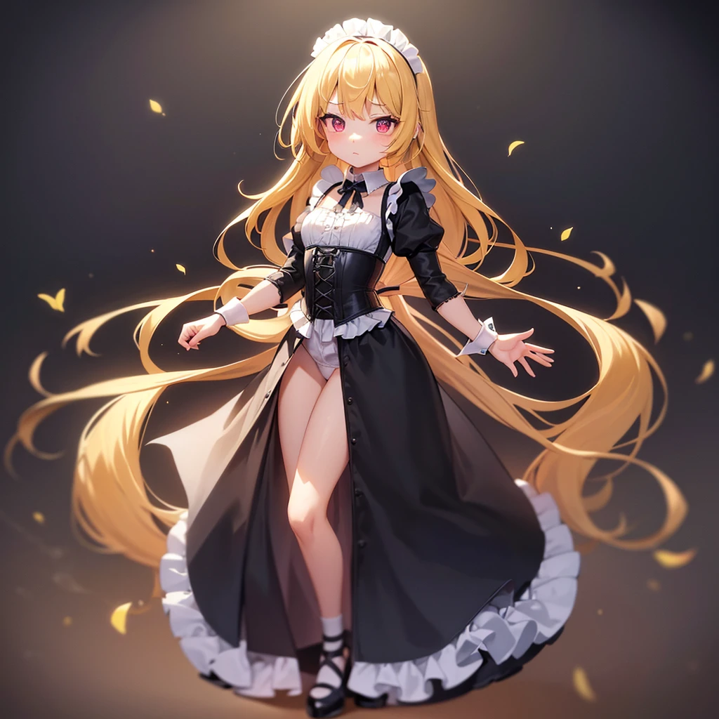 ((Maid)),Frills,corset,Cute little loli,Tiny Lori,Small girl,,Childish face, Very fine clean face,Top quality, Big eyes,Straight Hair,Yellow hair,Crimson Eye,(Dark Room), Subtle light, Natural light,Soft lighting,Light from directly behind, (Are standing), Cute pose, (Open your hands), Showing the whole body,Front view,Black background