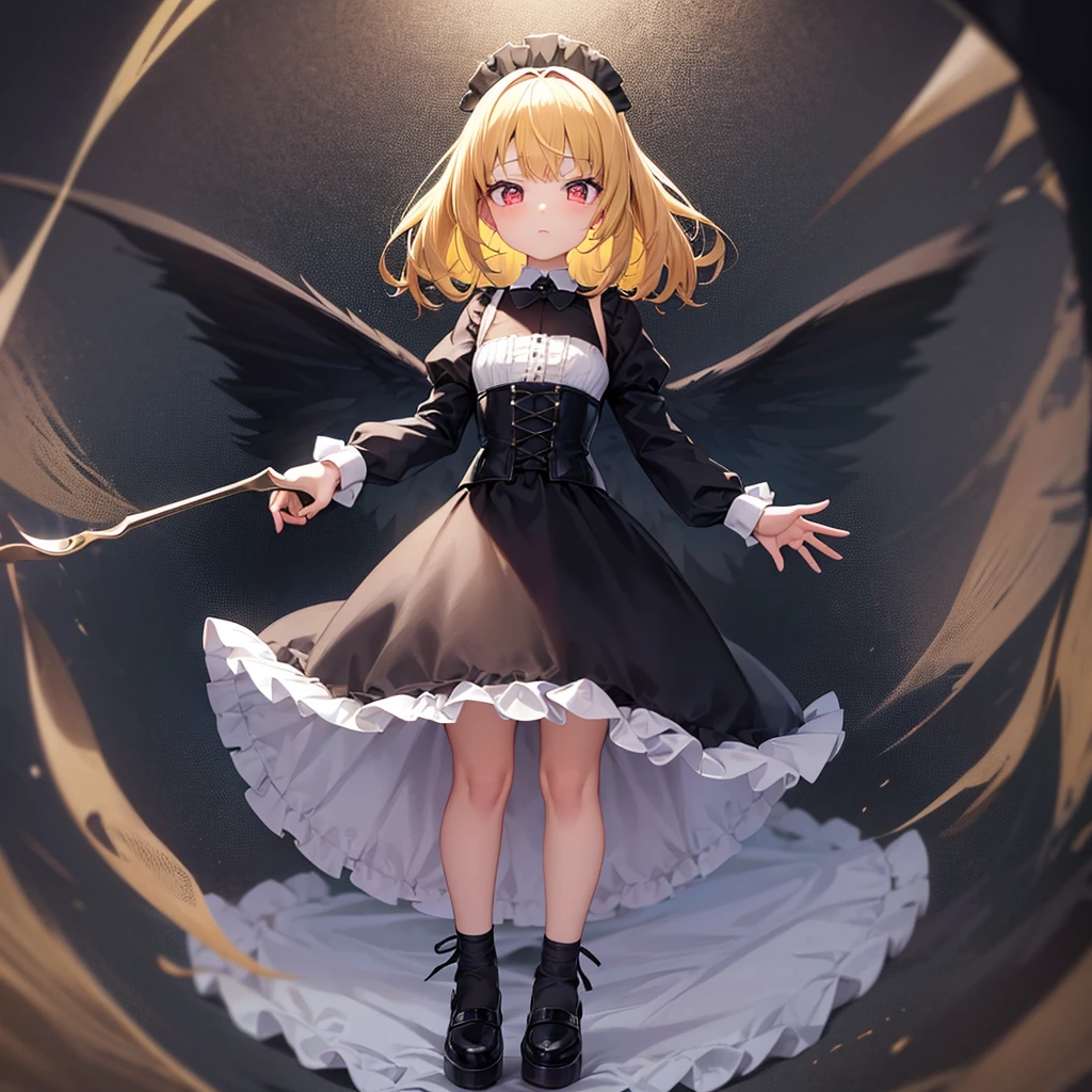 ((Maid)),Frills,corset,Cute little loli,Tiny Lori,Small girl,,Childish face, Very fine clean face,Top quality, Big eyes,Straight Hair,Yellow hair,Crimson Eye,(Dark Room), Subtle light, Natural light,Soft lighting,Light from directly behind, (Are standing), Cute pose, (Open your hands), Showing the whole body,Front view,Black background