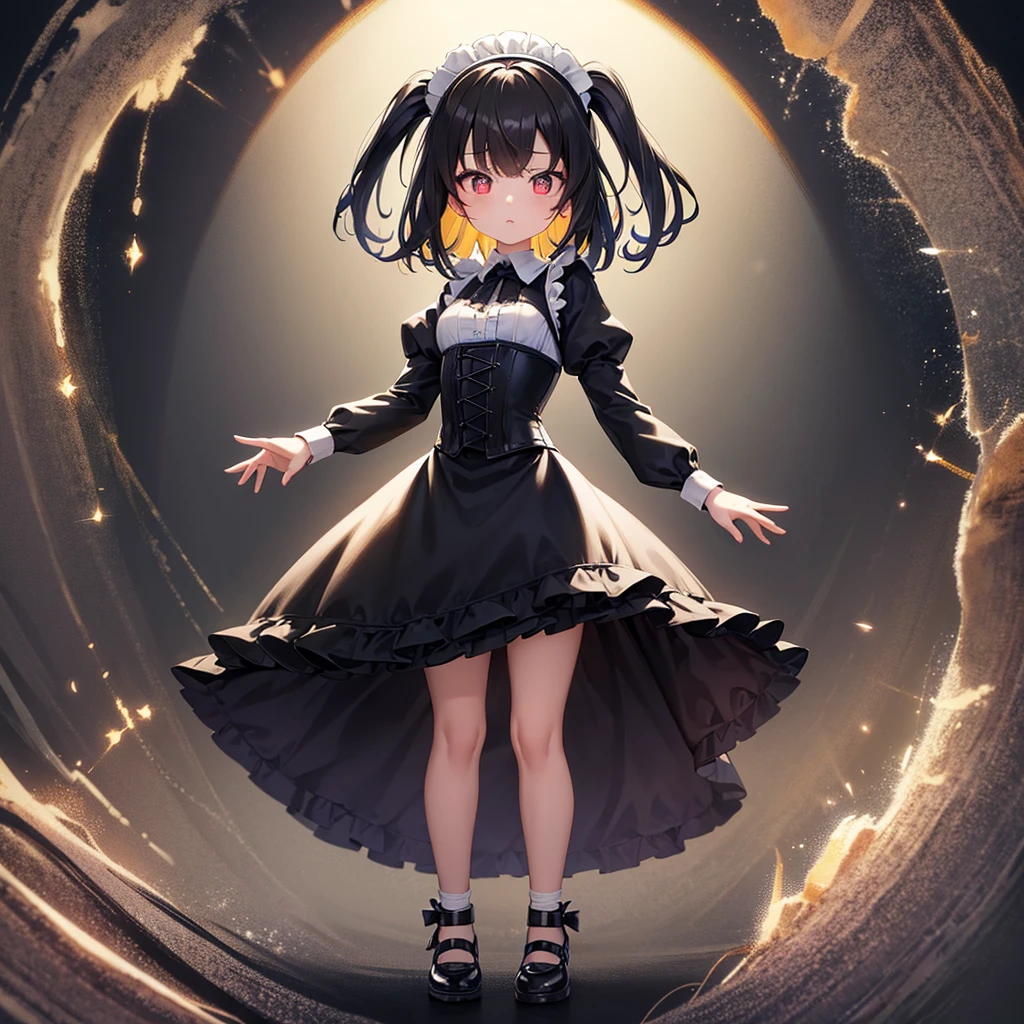 ((Maid)),Frills,corset,Cute little ,Tiny Lori,Small girl,,Childish face, Very fine clean face,Top quality, Big eyes,Straight Hair,Yellow hair,Crimson Eye,(Dark Room), Subtle light, Natural light,Soft lighting,Light from directly behind, (Are standing), Cute pose, (Open your hands), Showing the whole body,Front view,Black background