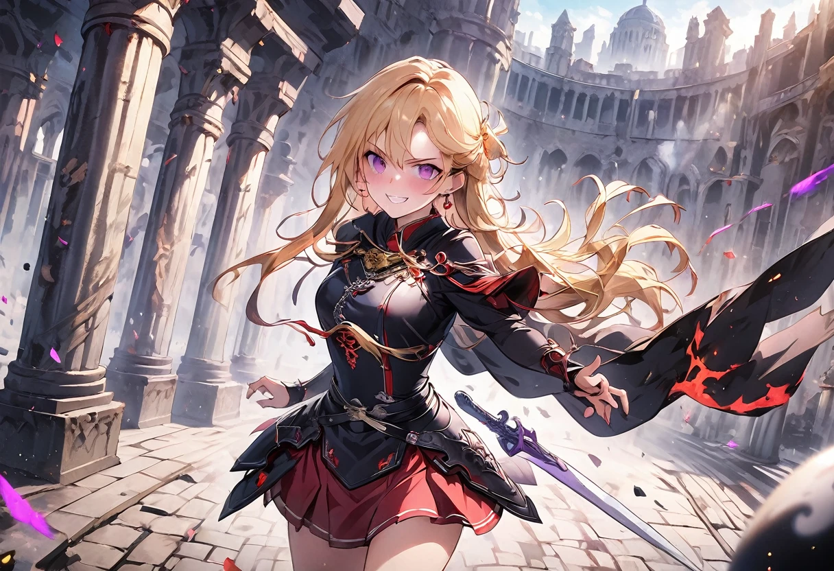 dark persona, Feeling dark energy, ecstasy, looking at viewer, armor, fighting stance, happy, blush, evil grin, black leg armor, knight, long hair, octagonal yin yang mirror, purple eyes, audience, pillars of purple fire, 1 woman, black cape, runes, black dress, Ruined city, gold decoration, gripping sword in hand, at midnight, gold hair, earring, chains, yin yang, red skirt, beautiful art, depth of field, high res, perfect face, detailed outfit
