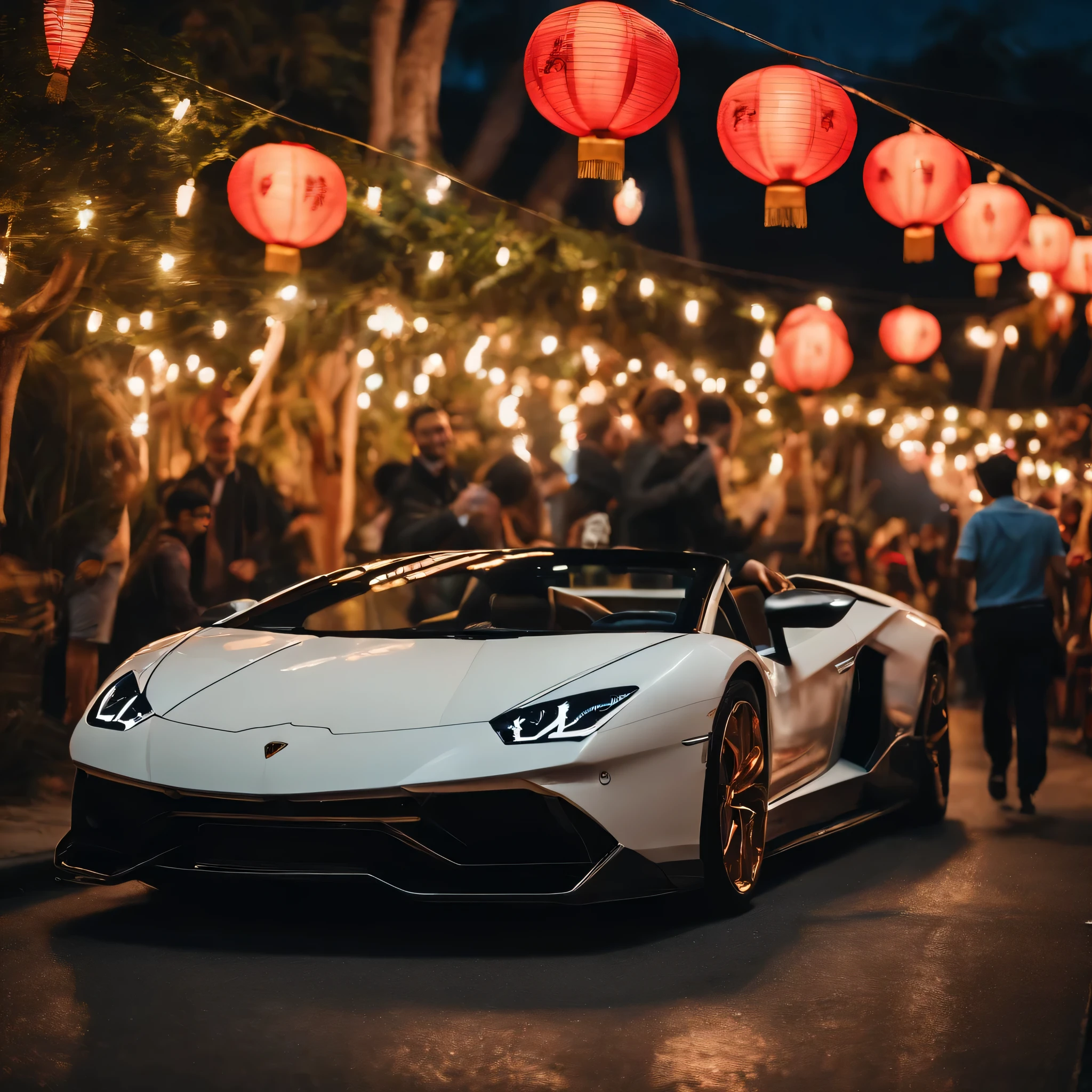 Lots of beautiful girls, having fun at a party, next to a Lamborghini car with an inscription on the doors "FORIEC", Chinese lanterns and sign above people's heads "JFEST2024"