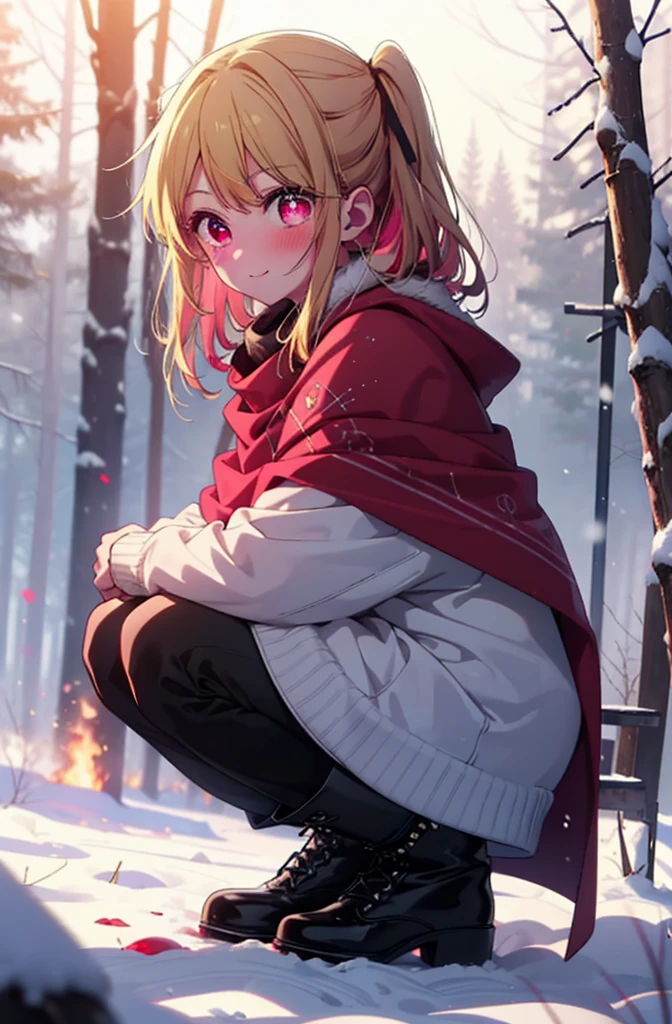 rubyhoshino, Hoshino Ruby, Long Hair, bangs, Blonde, (Pink Eyes:1.3), Side Lock, (Symbol-shaped pupil:1.5), Multicolored Hair, Two-tone hair, smile,,smile,blush,White Breath,
Open your mouth,snow,Ground bonfire, Outdoor, boots, snowing, From the side, wood, suitcase, Cape, Blurred, , forest, White handbag, nature, Squat, Mouth closed, Cape, winter, Written boundary depth, Black shoes, red Cape break looking at viewer, Upper Body, whole body, break Outdoor, forest, nature, break (masterpiece:1.2), Highest quality, High resolution, unity 8k wallpaper, (shape:0.8), (Beautiful and beautiful eyes:1.6), Highly detailed face, Perfect lighting, Highly detailed CG, (Perfect hands, Perfect Anatomy),