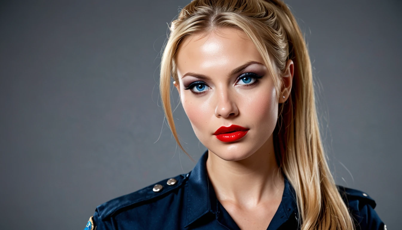 Incomparable masterpiece, ultra-realistic 8k CG, perfect artwork, ((perfect female image)), mature woman, slender waist, seductive, clean, beautiful face, {extremely delicate and beautiful girl} , 8k wallpaper, {{{Masterpiece}} }, 1girl, blonde hair, blue eyes, ponytail, police uniform, jewelry, lips, lipstick, long hair, look spectator, makeup, lips, red lips, simple background, solo, upper body, (shiny skin),
