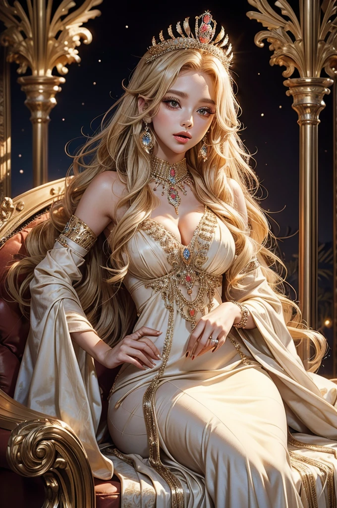 Oh-ho-ho, a glamorous young princess with long curly blonde hair mocking the lowly ones, clad in a long dress with lots of jewels and a gorgeous fan over her mouth,