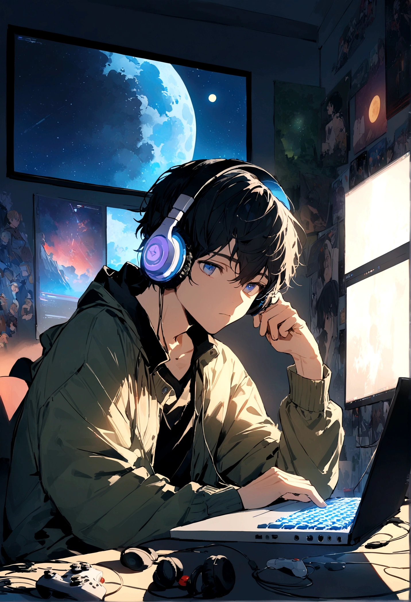 (masterpiece) a boy (male 25s) studying sitting in his room, over his desk, typing on a laptop, with headphones on, video game and joystick over the desk, nerd decoration, video game on the wall, posters, window showing the moon and stars, calm, peacefull, thinking, Cinematic, Color grading, beautifully color-coded,