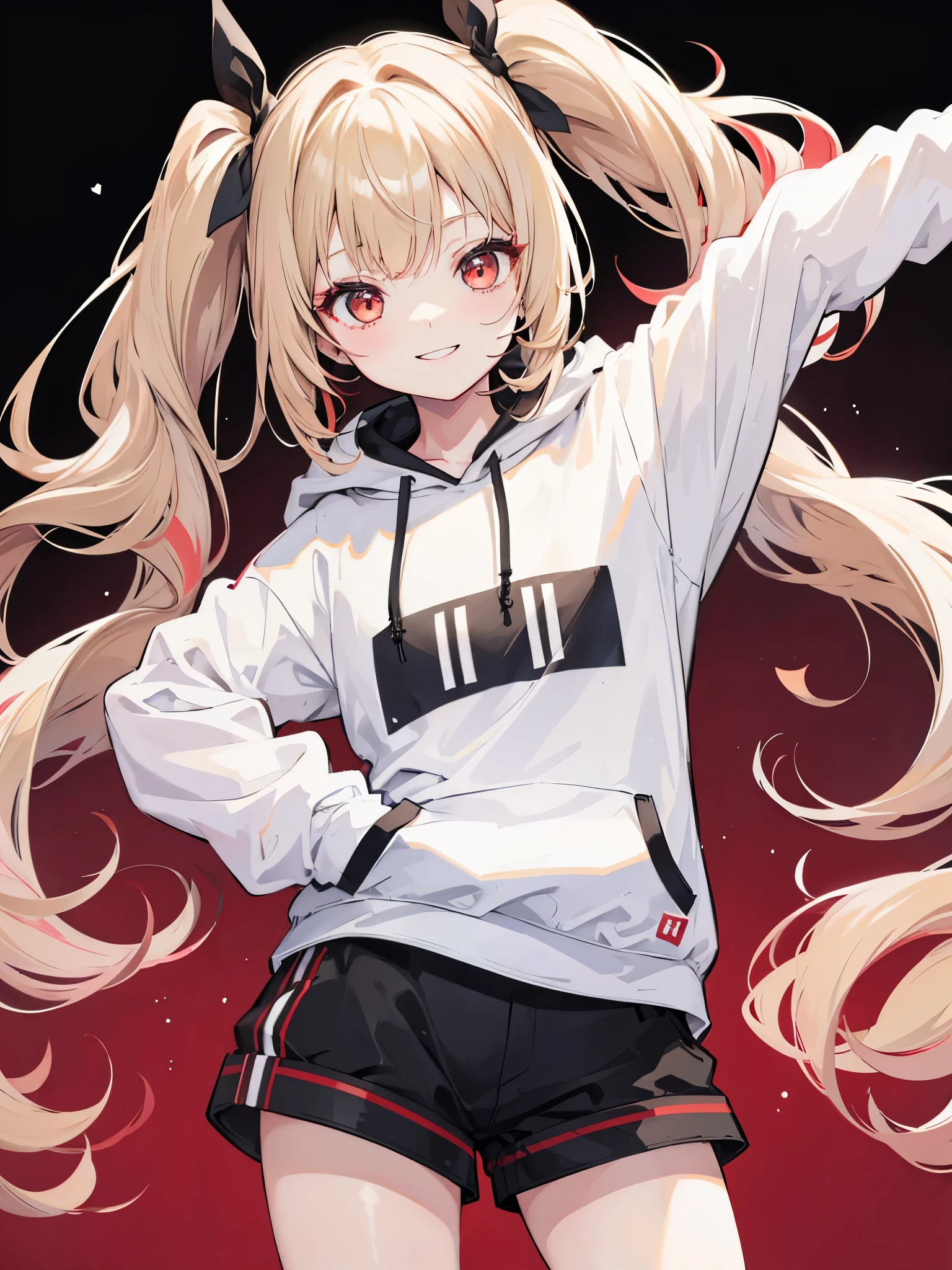 One girl in anime、Beige hair、Eye color red、Twin tails、Simple hair ribbon、Black large hoodie、Shorts、Background white、Simple background、smile、Hands in pockets