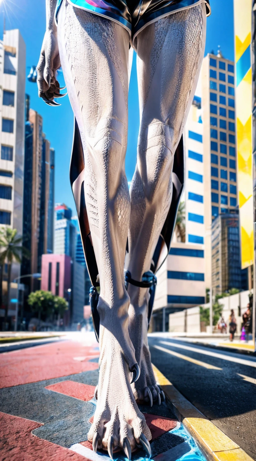 Standing on the extremely hot street,Wearing swimming trunks,Chest gemstones,Skinny girl(10 years old),Cyberpunk dragons,Pinkish white scales,Perfect fingers,Feet are clawed and wear black plastic sandals,Detailed and true,High Detail,high quality,High-resolution photos,Real and perfect eyes,Detailed paw,Real and detailed scales,Claws,clear visual artwork,Five finger hand,Top quality,32k,Ultra high quality,Hot weather,Hot expression,real picture:Close-up of claws and toes,