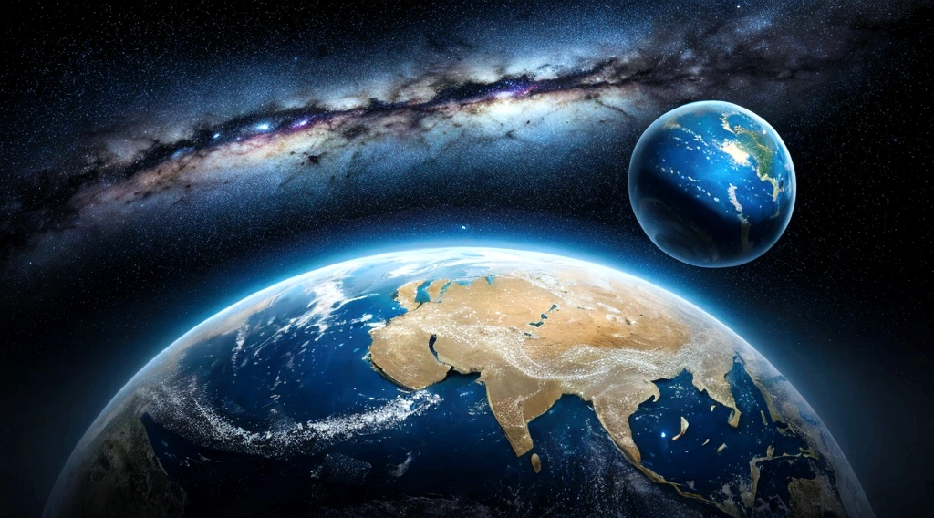 universe space、Starry Sky、milky way、Blue Earth、large globe、Fantasy、mysterious、8K、Ultra HD。