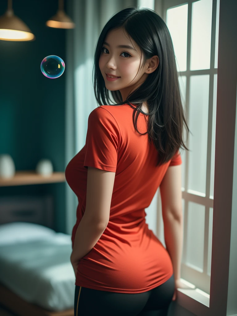 ((from behind)), (overlooking),(back to the camera),(bubble ass),(RAW photo, best quality), (realistic, photo-realistic:1.3), masterpiece, (standing), an extremely delicate and beautiful, asian girl, extremely detailed, CG, unity , 2k wallpaper, Amazing, finely detail, light smile, extremely detailed CG unity 8k wallpaper, huge file size, ultra-detailed, high res, soft light, 1girl,(((medium hair:1.1), short bang, black hair, floating hair novafrogstyle)), beautiful detailed girl, detailed fingers, extremely detailed eyes and face, beautiful detailed nose, beautiful detailed eyes, long eyelashes, light on face, looking at viewer, (closed mouth:1.2), cute, young, mature face, (full body:1.3), ((small breasts)), realistic face, realistic body, beautiful detailed thigh, ((red t-shirt)),((black yoga pants)),