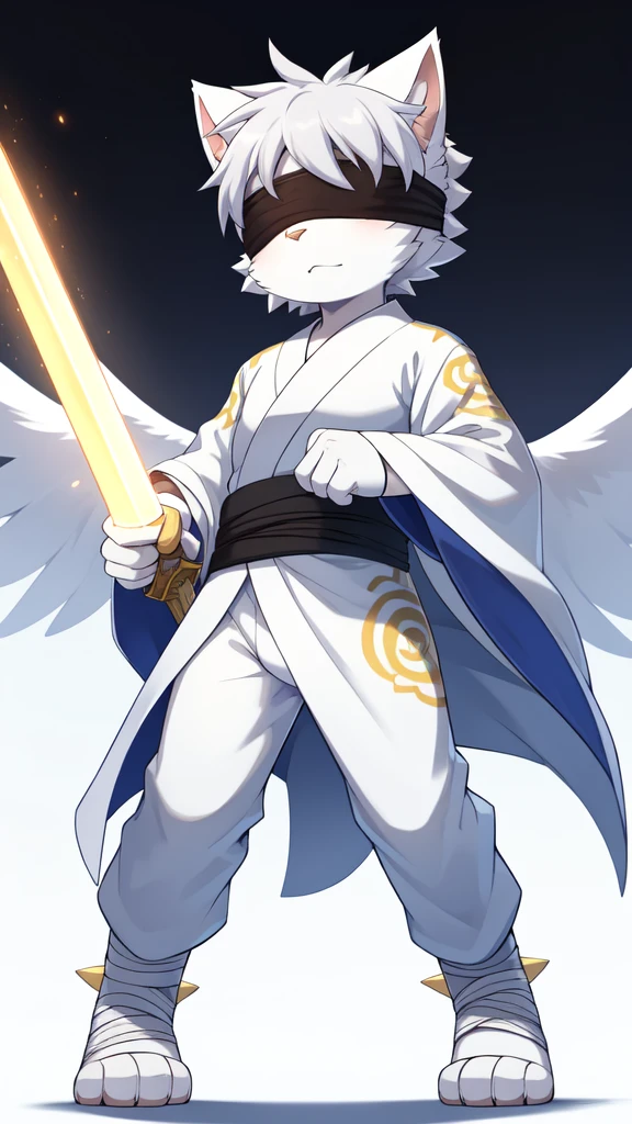 score_9,score_8_up,score_7_up, source_cartoon, source_furry, Furry shota, cat, white body fur, spiky hairstyle, silver hair, ((blindfolded, body bandages, white kimono with golden pattern)), white wings, angel, full body, feets whit three toes, standing, :3, detailed body fur, detailed body, detailed face, glistering body, shiny body, white background, simple background, gorgeous body, masterpiece, high quality, holding a light sword, action, sword fight,