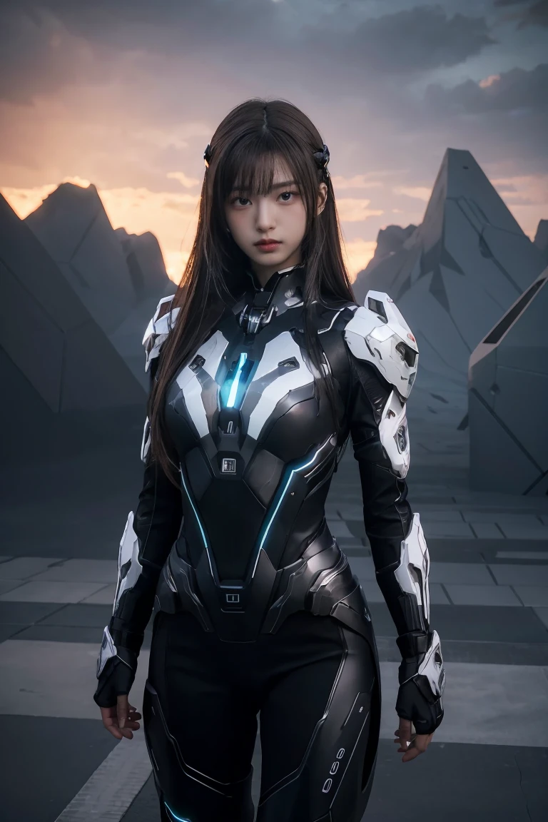 ((masterpiece, best quality, extremely detailed), volumetric lighting, ambient occlusion, colorful, glowing), 
1girl, solo, young girl, (dark hair), long hair, halo, aura, sacred, godness, cyber suit, (black outfit:1.3), android, bot, cybernetic wings,
outdoors, sunset, sky, clouds, space, (cyberpunk theme:1.2),