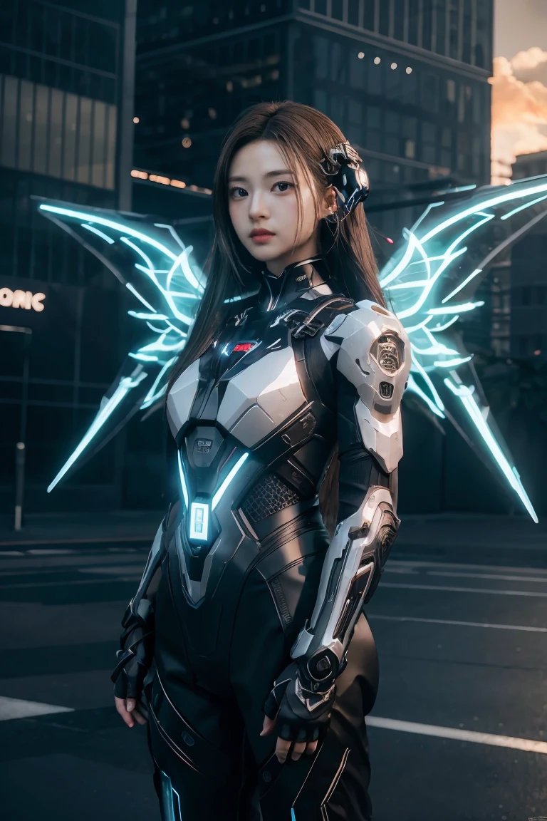 ((masterpiece, best quality, extremely detailed), volumetric lighting, ambient occlusion, colorful, glowing), 
1girl, solo, young girl, (dark hair), long hair, halo, aura, sacred, godness, cyber suit, (black outfit:1.3), android, bot, cybernetic wings,
outdoors, sunset, sky, clouds, space, (cyberpunk theme:1.2),