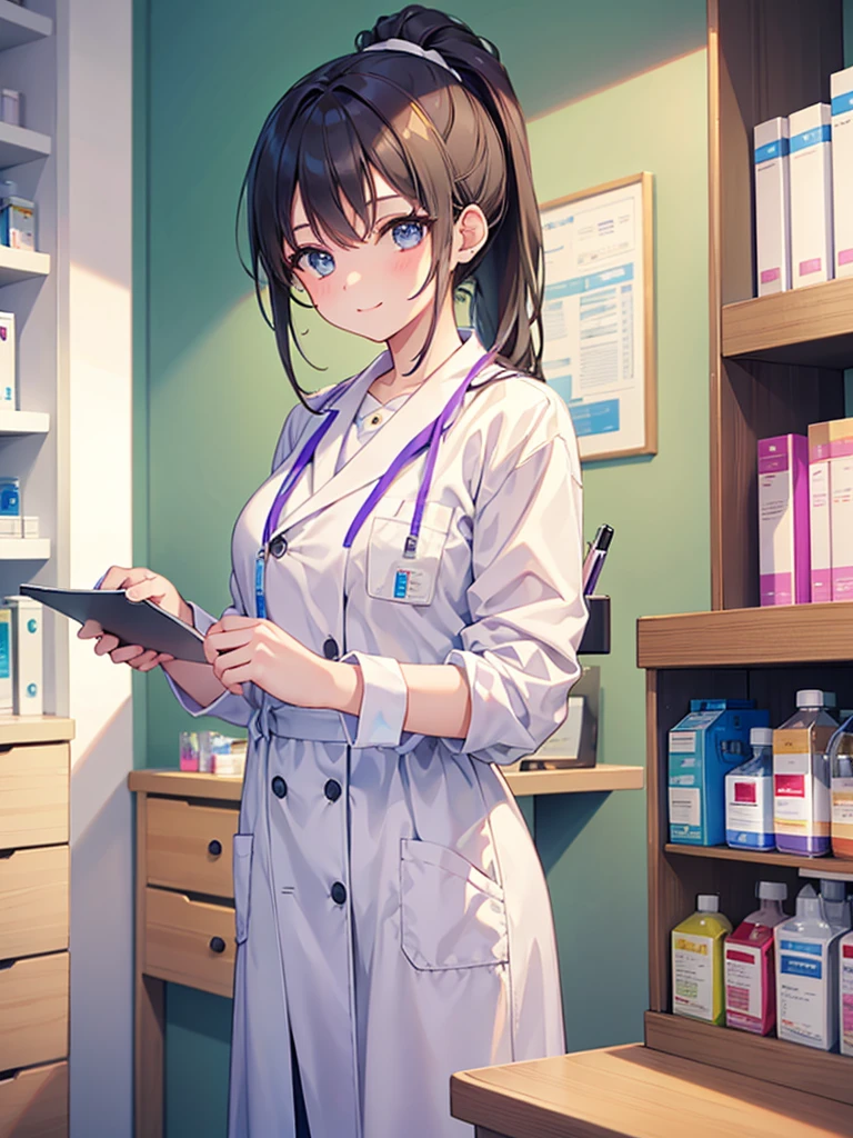 (Highest quality), (masterpiece), 1girl, pharmacist, Dispensing, Dispensing Room, smile, Hair tied in a ponytail