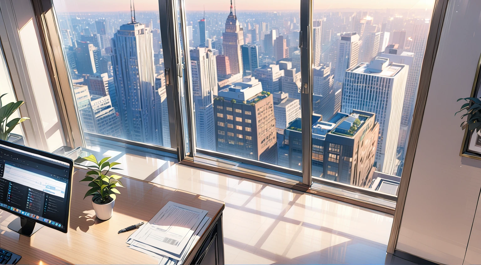 ((best quality)), ((masterpiece)), (detailed), office, president's office, floor-to-ceiling windows, top-down view scene,Potted plants,There is a computer and documents on the desk