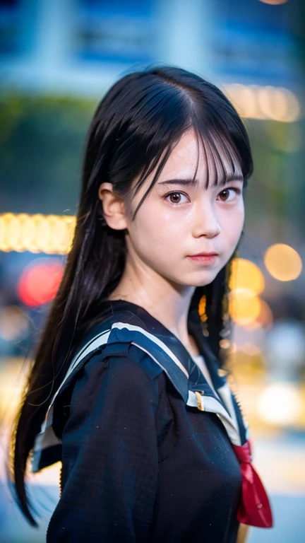 masterpiece, best quality, ultra high res, (photorealistic:1.4), 1girl, the girl wearing black sailor uniform, night, shibuya 109 background, shibuya, city light, cinematic lighting, 80s filter, detailed face , looking at viewer, front view, cowboy shot, chromatic abberation, rule of third, photography, raw photo