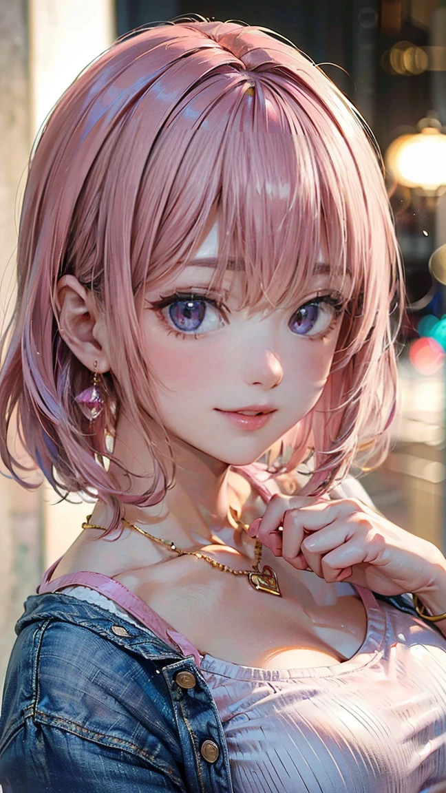 (Masterpiece, BestQuality:1.3), (ultra detailed:1.2), (hyperrealistic:1.3), (RAW photo:1.2), High detail RAW color photo, professional photograph, (Photorealistic:1.4), (realistic:1.4), (Pink Hair:1.5), professional lighting, perfect anatomy, (Big Breasts:1.2), (blush, detailed face), (A happy smile:1.2), Trending Hair&Trending Hairカラーをランダムに, earrings, necklace, bracelet, sexly, erotic sexly, Random sexy gravure poses, (A woman wearing a white crop top and denim shorts、楽しみながらA happy smileでセクシーなポーズをとっている。Pink Hairのストレートヘアが揺れている。:1.3)