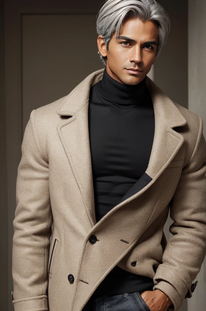 (best quality), 1boy, mature man, 34 years old, tanned skin, silver hair, short hair, hair loosely combed back, brown eyes, perfect eyes, muscular, handsome, small waist, strong jawline, cold expression, black turtleneck, coat jacket, fully clothed, clean face, masterpiece, anatomically correct, highres
