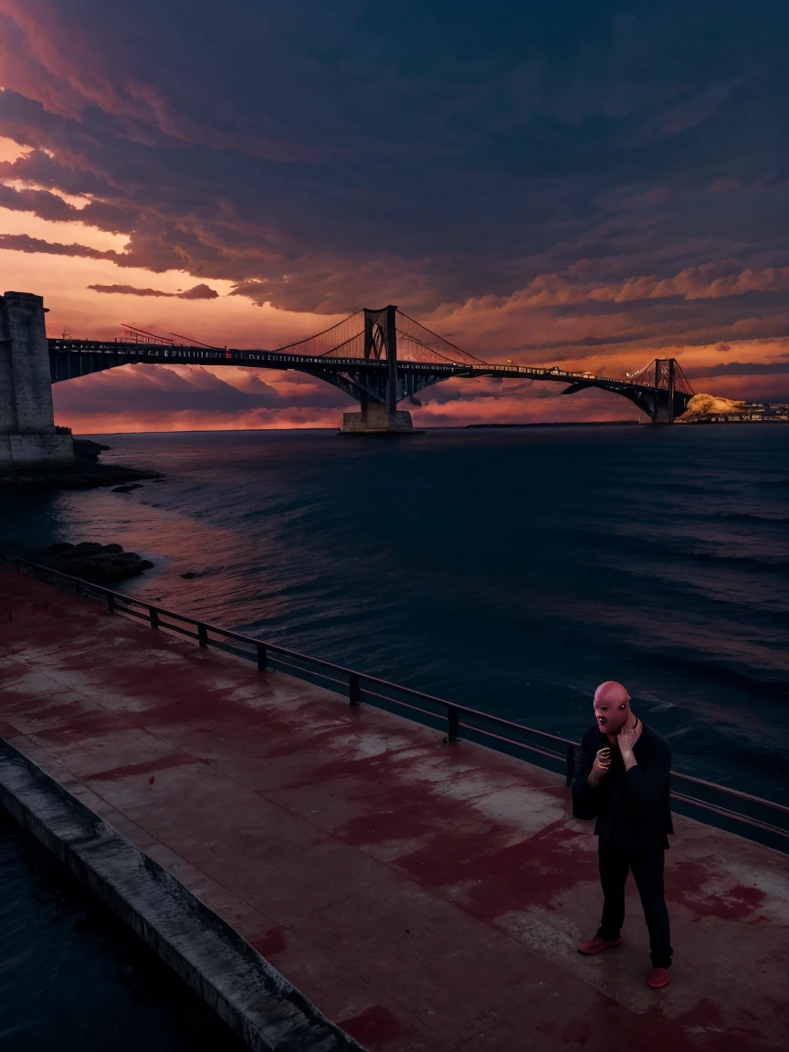 (8K, photo, ultra realistic photo), 1 man, bald, dressed all in black, (both hands covering ears:1.5), (screaming:1.5), (eyes opened: 1.5), terrified, on a bridge over the sea, in-depth view of the bridge, (under a blood-red sky:1.5). background: two shadows in the distance, staggering against the railing of a bridge, bridge overlooking the sea roiling as if in spasm, dark blue mountains contrasting with the fiery red sky