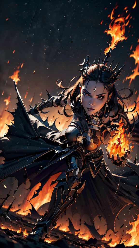 (low angle view:1.5), (fully body:1.5),1 Sexy Demon, queen of the damned, Woman, skull, black armour, (holding flames:1.4), Crown of the thorns of the skeletal ram, Flame Shoes, Dynamic Digital Painting, (bokeh:1.5)，Epic composition, improve the quality of the face