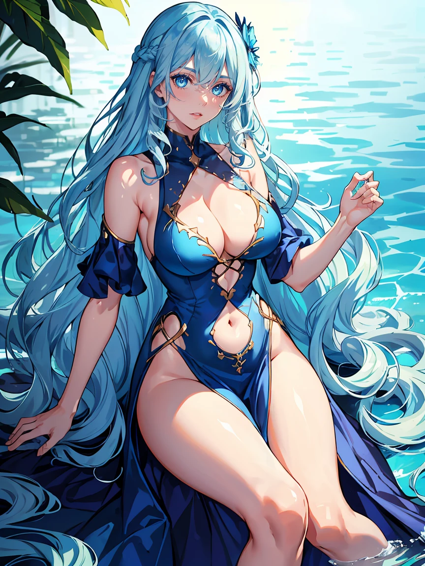 handsome girl,blue-eyes,blue pupils,Long blue hair,Hyperresolution,accuracy,Detailed rendering,(Subtle facial image)(Image of fine hair)(topquality)(Masterpieces of masters)(High degree of completeness)(A sense of atmosphere)tmasterpiece,Super detailed and super detailed(half-body portrait), long wavy blue hair, merfolk, (((larger breasts))), in water, long sexy dress, (((water outfit)))(((tHICK WAVY HAIR)))(((ANKLE LENGTH HAIR)))(((fESTIVAL OUTFIT)))(((FESTIVAL DATE OUTFIT)))
