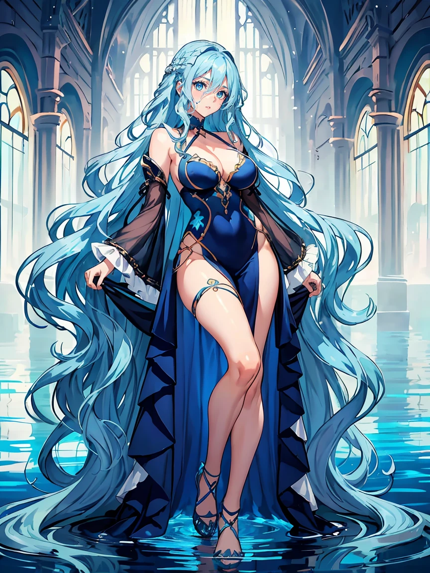 handsome mature woman,Long wavy BLUE hair,Hyperresolution,accuracy,Detailed rendering,(Subtle facial image)(Image of fine hair)(topquality)(Masterpieces of masters)(High degree of completeness)(A sense of atmosphere)tmasterpiece,Super detailed and super detailed(half-body portrait)((Masterpiece, Highest quality)), Detailed face, CharacterDesignSheet, full bodyesbian, Full of details, Multiple poses and expressions, Highly detailed, Depth, Many parts,Beautiful,Extremely beautiful,High Balance, Natural light, drawn art style, elven ears, naked, large breasts, bigger breasts, medium blue hair, curly hair down to ankles, ankle length hair, (((Ankle length hair))) (((thick hair))) (((Blushing)))