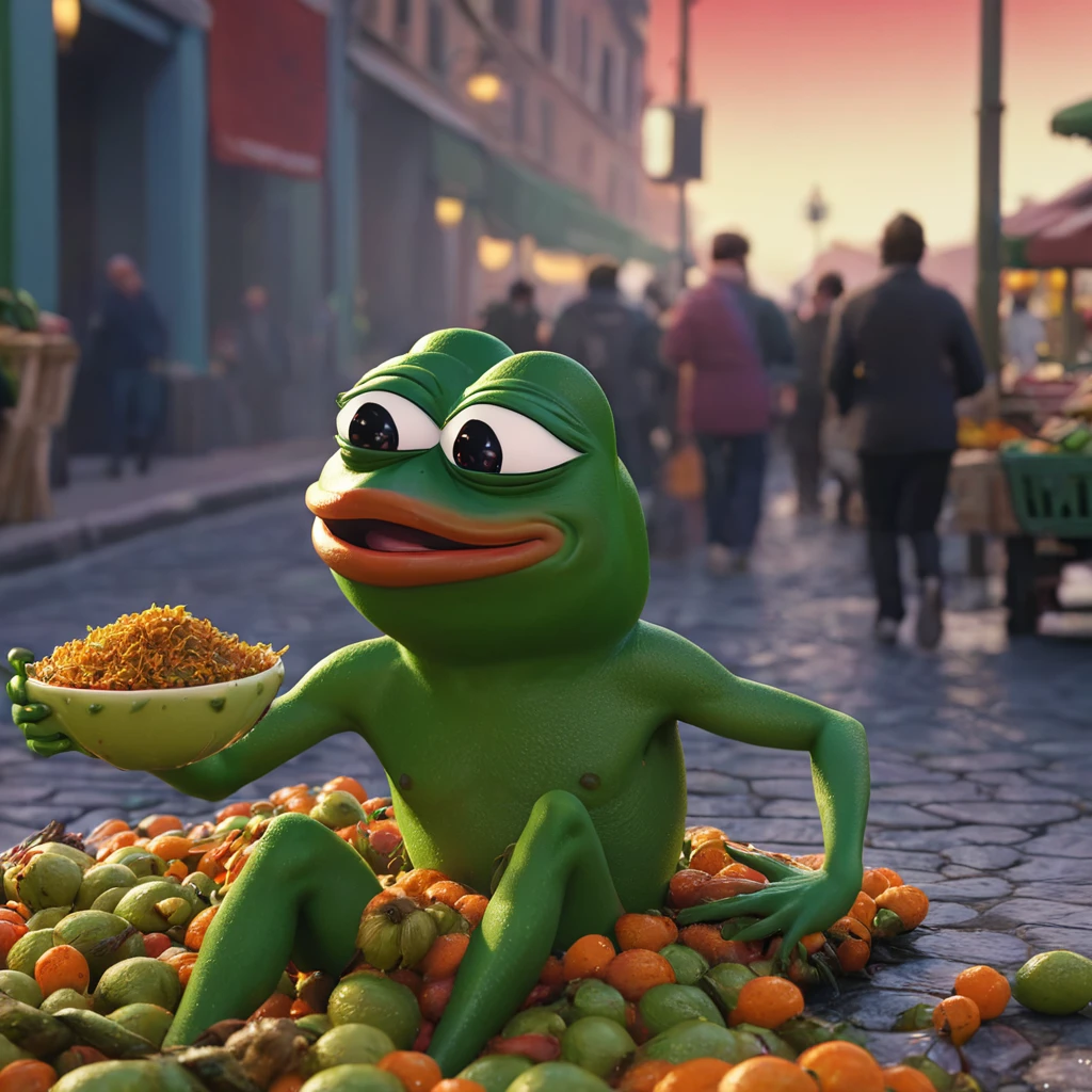 Pepe the frog, ultra detailed, hyperrealistic, 3D render, catching a rooter, market bullish, dynamic lighting, dramatic shadows, vibrant colors, intricate textures, cinematic composition, masterpiece, photorealistic, 8k, best quality