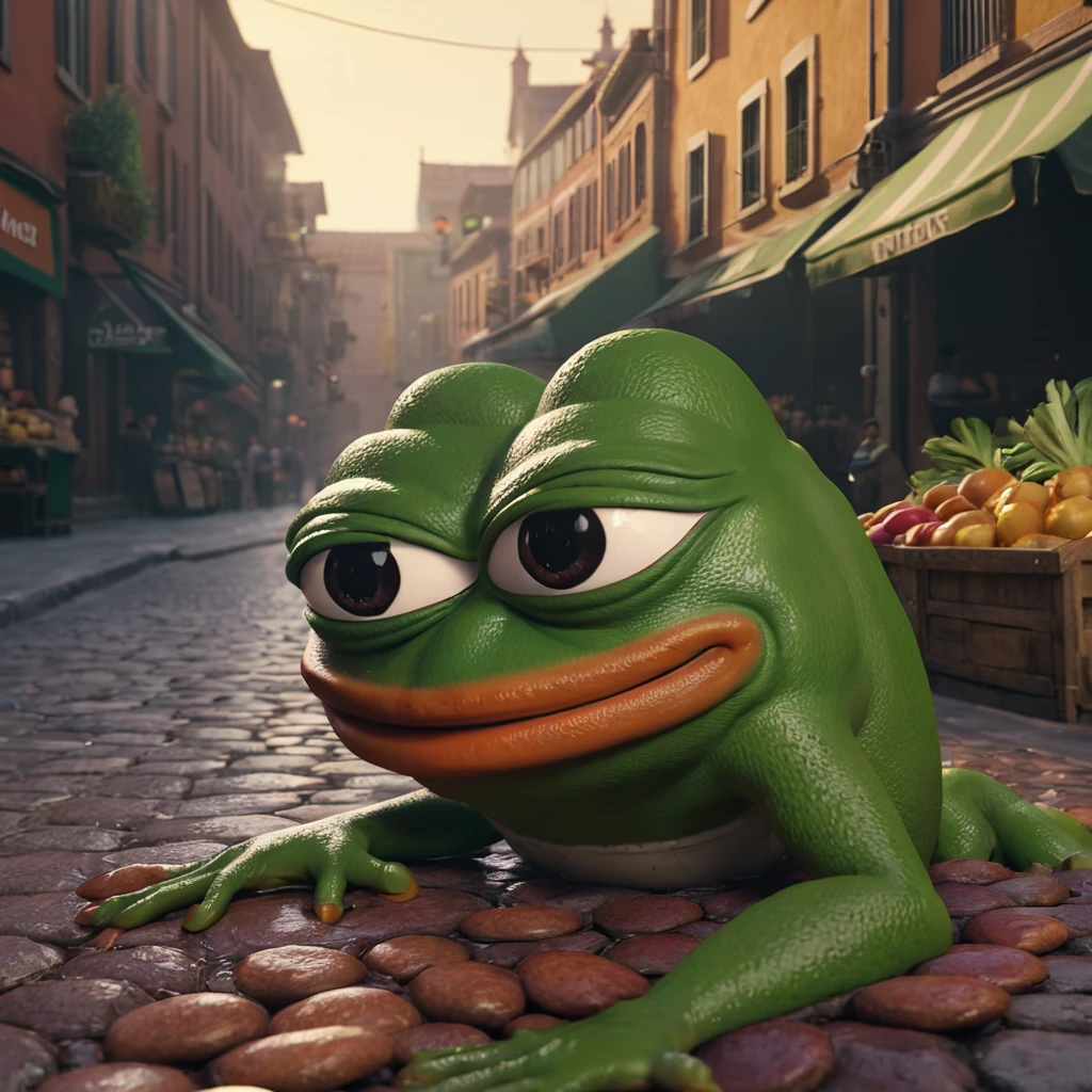 Pepe the frog, ultra detailed, hyperrealistic, 3D render, catching a rooter, market bullish, dynamic lighting, dramatic shadows, vibrant colors, intricate textures, cinematic composition, masterpiece, photorealistic, 8k, best quality