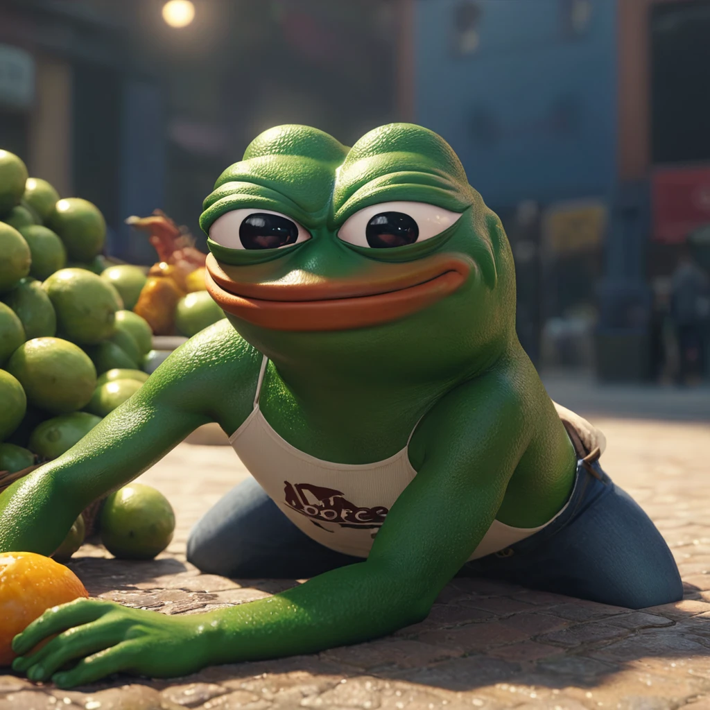 Pepe the frog, ultra detailed, hyperrealistic, 3D render, catching a rooter, market bullish, dynamic lighting, dramatic shadows, vibrant colors, intricate textures, cinematic composition, masterpiece, photorealistic, 8k, best quality