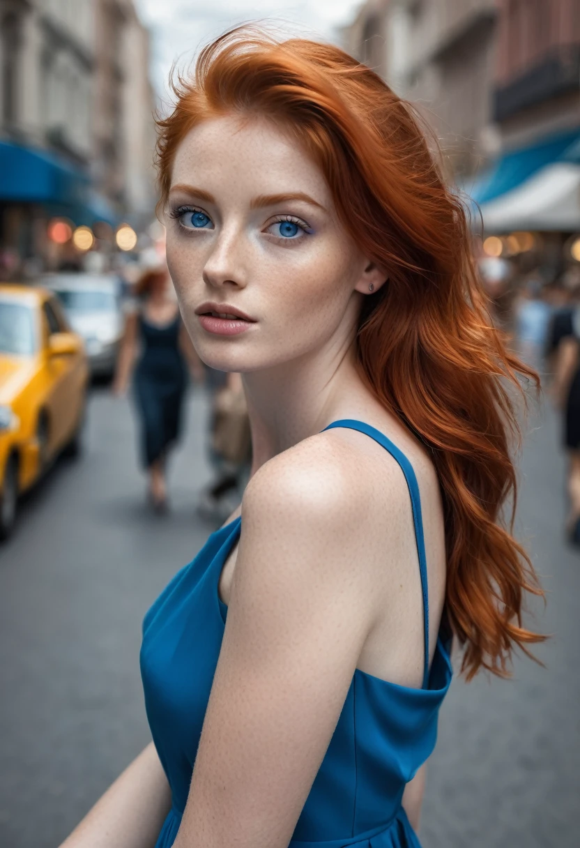 Redhead model without tattoos wearing a short blue dress with blue eyes on a busy street Realist