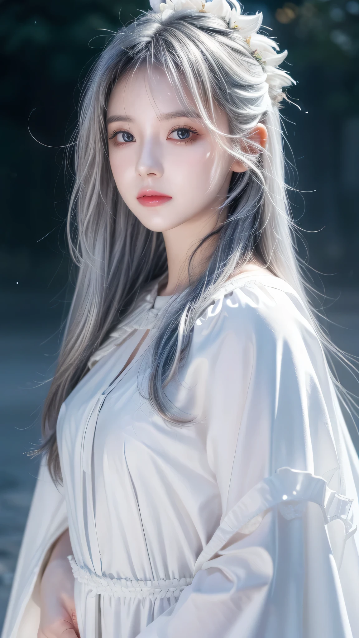 1 Girl,Solitary,1 Girl,Solitary,((Beautiful and delicate eyes)), (Detailed lighting),Depth of Field,(White hair),Silver Eyes,Hair covering one eye,(safflower ), Flowering,Long hair,Black cape,wet,callous,look back,night,Starfall,rain,FOG,safflowers falling,sketch,Upper Body,Strong shadows,