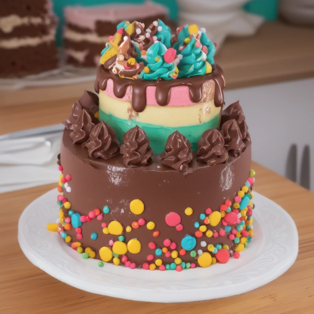 in the kitchen, on a wooden table, on a porcelain plate, a chocolate two-layer cream cake, decorated with sprinkles on the bottom, chocolate cream swirls on the first layer, the second cream layer multi-colored, chocolate ganache on the second layer, multi-colored swirls with sprinkles on top, realistic texture, realistic style, detailed texture, high quality, high resolution, high quality rendering, realistic photo, brightning light, macro photo, ultra hd 4k