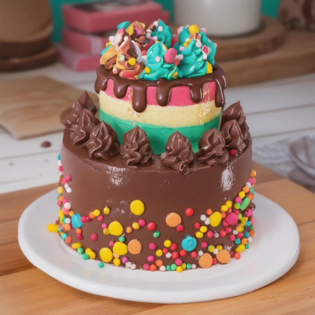 in the kitchen, on a wooden table, on a porcelain plate, a chocolate two-layer cream cake, decorated with sprinkles on the bottom, chocolate cream swirls on the first layer, the second cream layer multi-colored, chocolate ganache on the second layer, multi-colored swirls with sprinkles on top, realistic texture, realistic style, detailed texture, high quality, high resolution, high quality rendering, realistic photo, brightning light, macro photo, ultra hd 4k