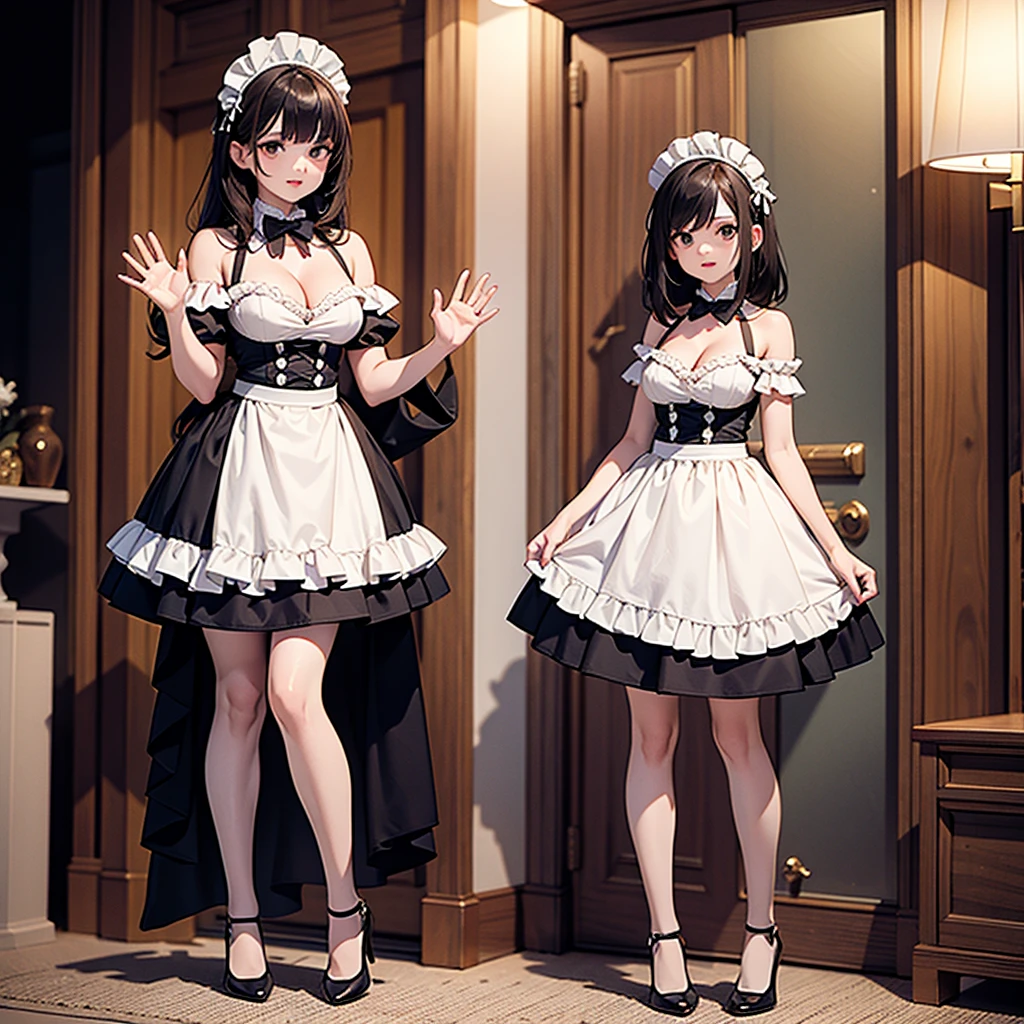((best quality)), ((masterpiece)), (detailed),  , high quality, best quality, masterpiece, (Very detailed:1.2), (Extremely detailed:1.3),, Bare shoulders, ，Cleavage, ，Maid costume，Open hands，character setting，full-body shot，