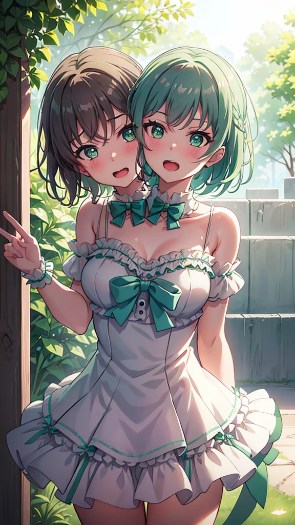 masterpiece, best quality, highres, (Conjoined_dicephalus), (2 heads:1.2), two heads, (1 body:1.5), 2 girl, solo, 2 legs, 2 arms, conjoined twins, solo, huhehe, green eyes, brown hair, short hair, dress, frills, microphone, green_bow, green_choker, holding, holding_microphone, green_bowtie, white_ribbon, bare_shoulders, frilled_dress, wrist_bow, collarbone, green_dress, upper_body, frilled_sleeves, strapless_dress, hikawa_hina_bangdream, aqua_hair, green_eyes, short_hair, smile, bow, braid, blush, hair_bow, side_braids, twin_braids, open_mouth, bangs, choker, dress, frills, aqua_bow, aqua_choker, aqua_bowtie, white_ribbon, bare_shoulders, frilled_dress, wrist_bow, collarbone, blue_dress, upper_body, frilled_sleeves, strapless_dress, happy, cowbow shot, outdoors, forest