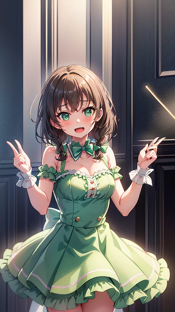 masterpiece, best quality, highres, (Conjoined_dicephalus), (2 heads:1.2), two heads, (1 body:1.5), 2 girl, solo, 2 legs, 2 arms, conjoined twins, solo, huhehe, green eyes, brown hair, short hair, dress, frills, microphone, green_bow, green_choker, holding, holding_microphone, green_bowtie, white_ribbon, bare_shoulders, frilled_dress, wrist_bow, collarbone, green_dress, upper_body, frilled_sleeves, strapless_dress, hikawa_hina_bangdream, aqua_hair, green_eyes, short_hair, smile, bow, braid, blush, hair_bow, side_braids, twin_braids, open_mouth, bangs, choker, dress, frills, aqua_bow, aqua_choker, aqua_bowtie, white_ribbon, bare_shoulders, frilled_dress, wrist_bow, collarbone, blue_dress, upper_body, frilled_sleeves, strapless_dress, happy, cowbow shot, outdoors, forest