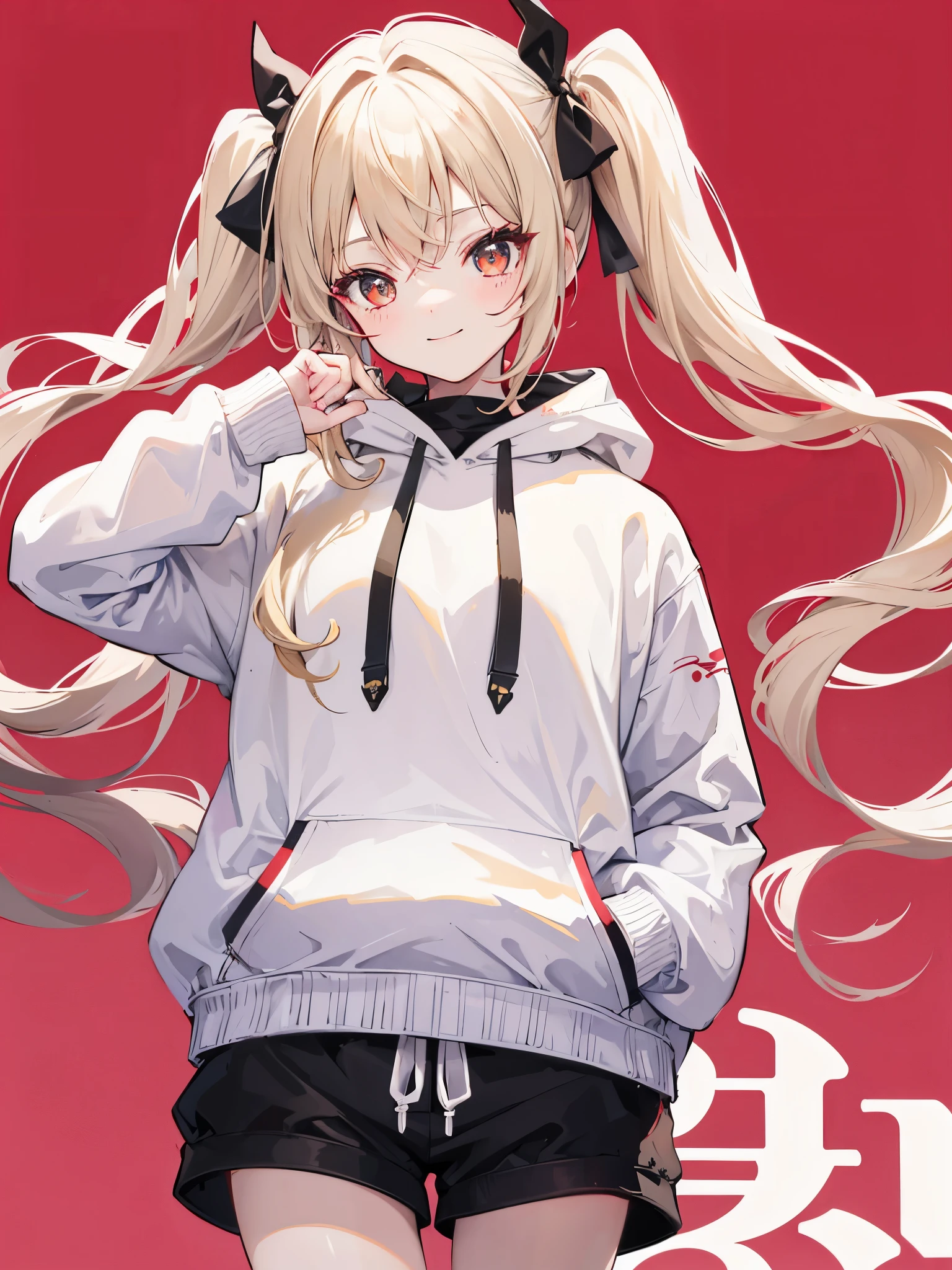 One girl in anime、Beige hair、Eye color red、Twin tails、Simple hair ribbon、Black large hoodie、Shorts、Background white、Simple background、smile、Hands in pockets