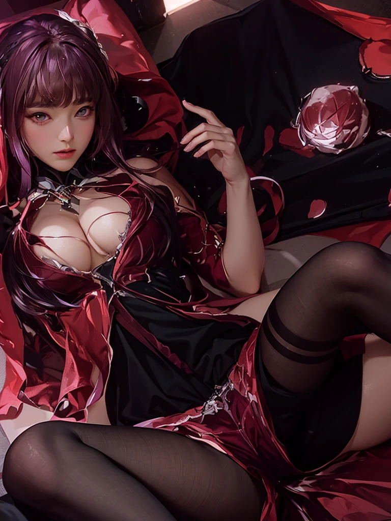 (masterpiece, best quality), 1girl, beautiful face, purple red hair, short hair, bangs, torn clothes, torn legwear, black dress, black thighhighs, solem, stoic face, itricate details, dark atmosphere,
