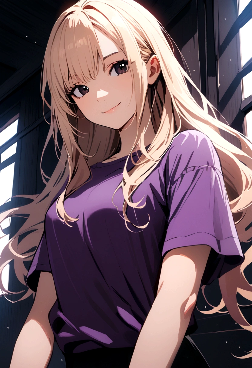 Girl with light apricot hair, long hair tied , no bangs, black eyes, gray glasses, purple t-shirt, sly smile