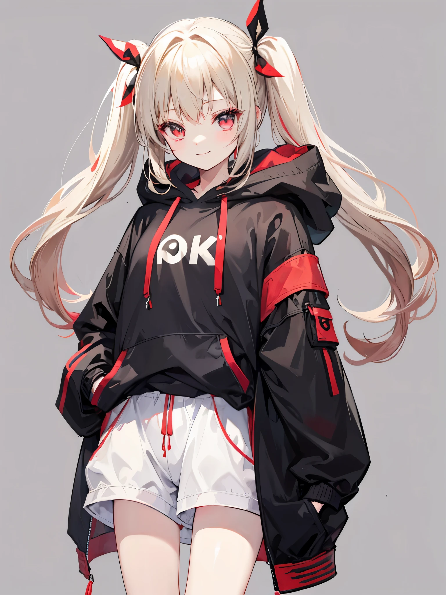 One girl in anime、Beige hair、Eye color red、Twin tails、Simple hair ribbon、Black large hoodie、Shorts、Background white、Simple background、smile、Hands in pockets