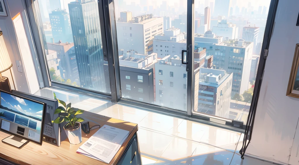 (best quality,masterpiece:1.2,detailed details,4k), office, president's office, floor-to-ceiling windows, potted plants, computers and documents on the desk, top-down view scene,