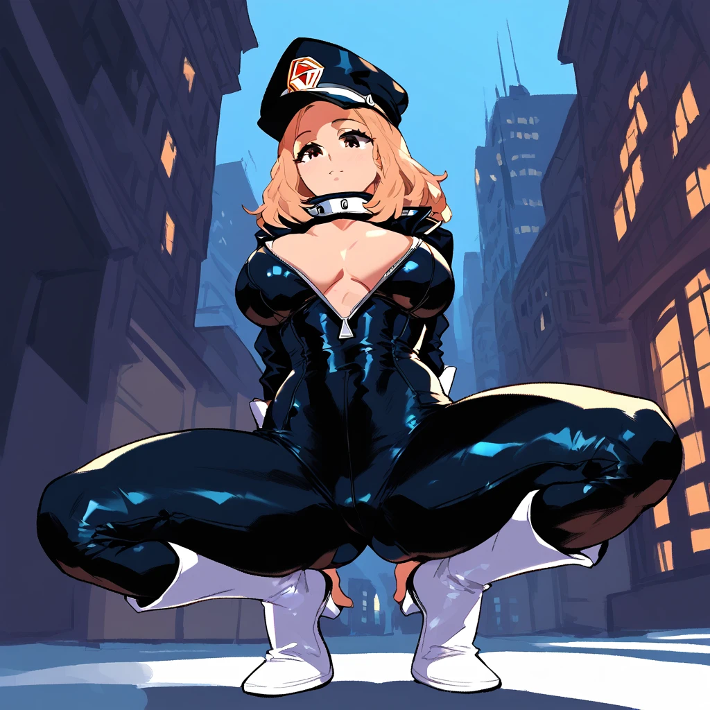 anime artwork, score_9, score_8_up, score_7_up, score_6_up, score_5_up, score_4_up, r,Camie Utsushimi, light brown hair, dark brown eyes,, breasts, , big breasts, catsuit, cap, city, squatting, below view, , white heeled knee-high boots