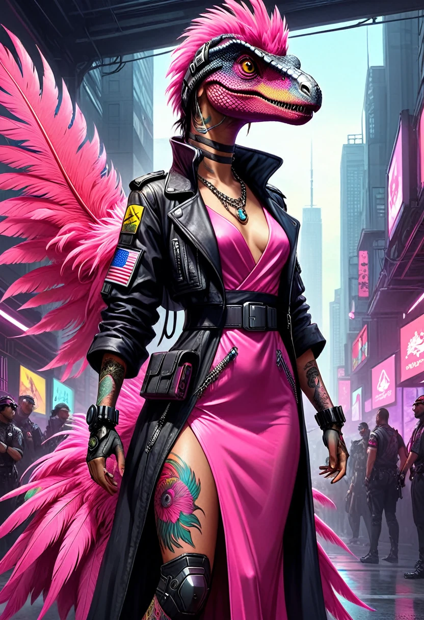 Velociraptor in high-fashion cyberpunk attire, full-body portrait, cyberpunk Dino fashion, digital painting, long dress with pink colossal feathers, multicolored tattoos, towed pink dinosaur gang flag, oversized eyepieces, visible holster, warm color palette, meticulously detailed face in clear focus, precise anatomy, high contrast, cinematic quality, high resolution, neon owing to ultra-real. High Resolution, High Quality , Masterpiece